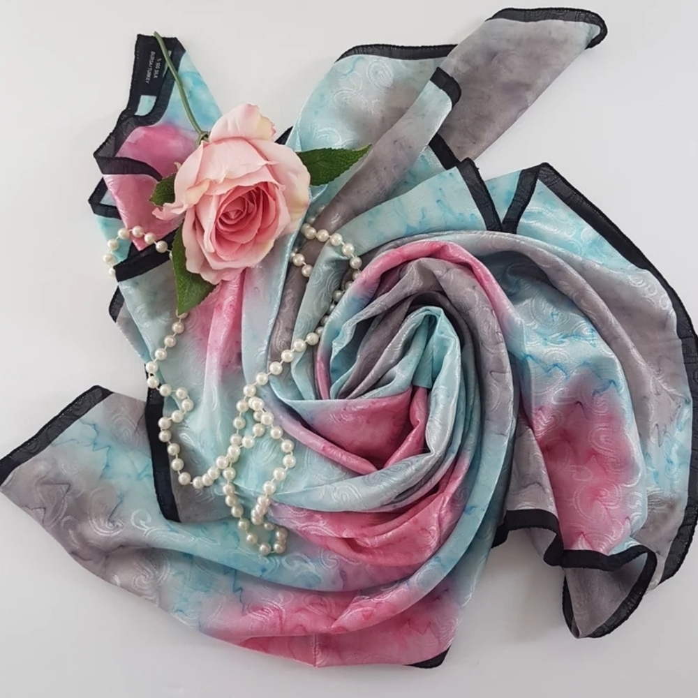 100% Silk Scarf, 35 inch Square, Pink Mauve Purple Blue, Paisley, Made in Turkey